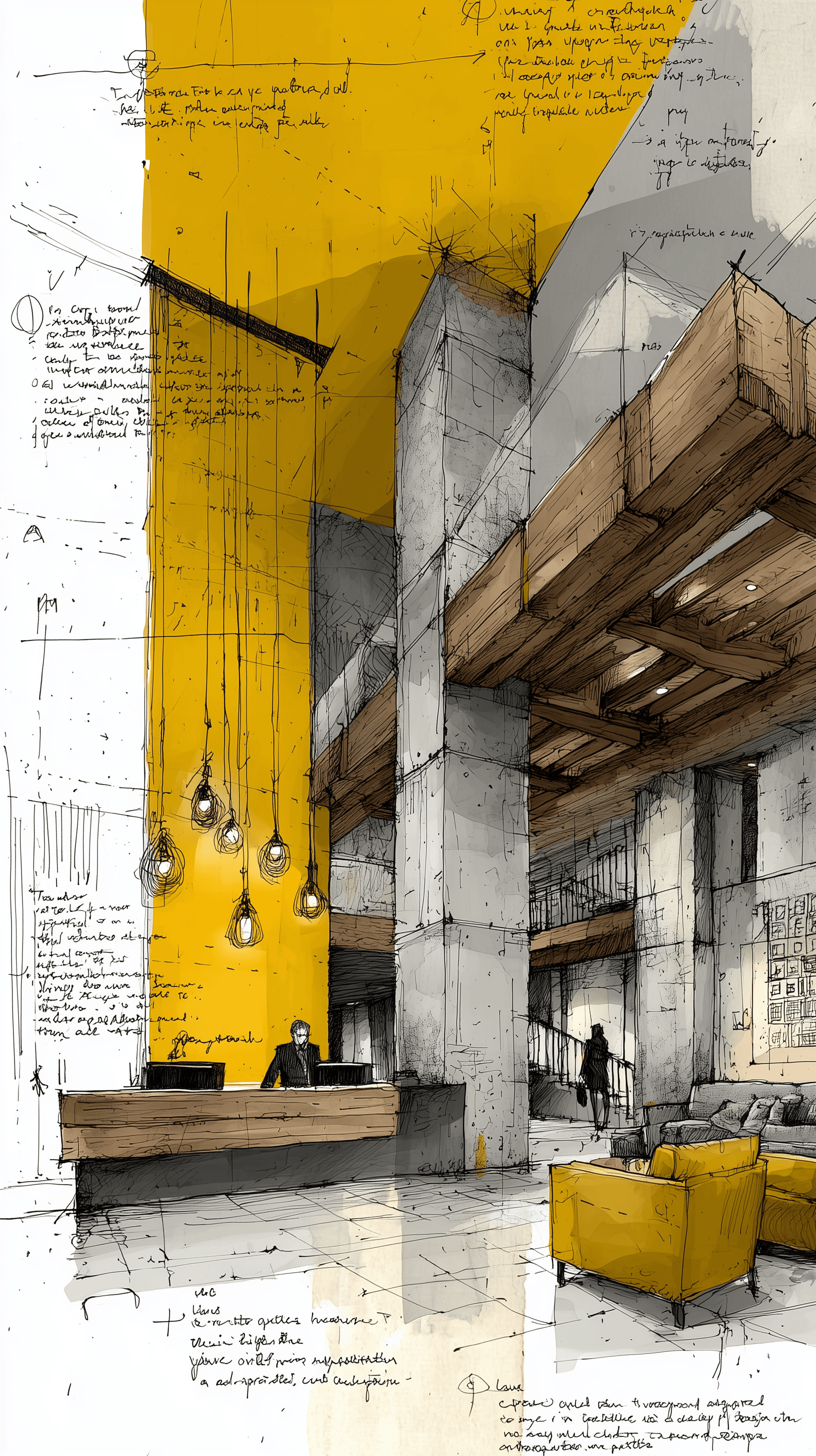 AI generated: hand drawing, architectural brutalistic hotel lobby interior, featuring a alignment lines and yellow...