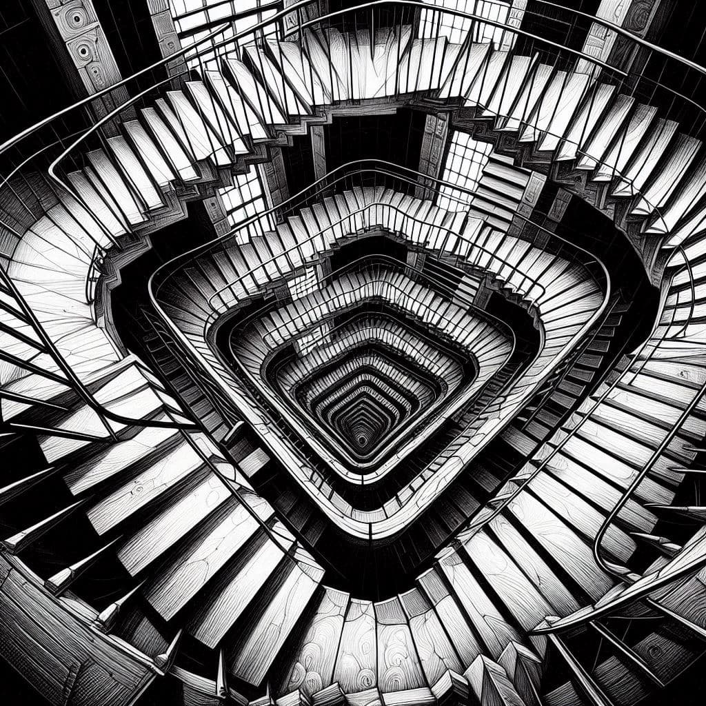 AI generated: An endless staircase in the style of M.C.Escher, black ink drawing, 8k, harmonious composition, flui...