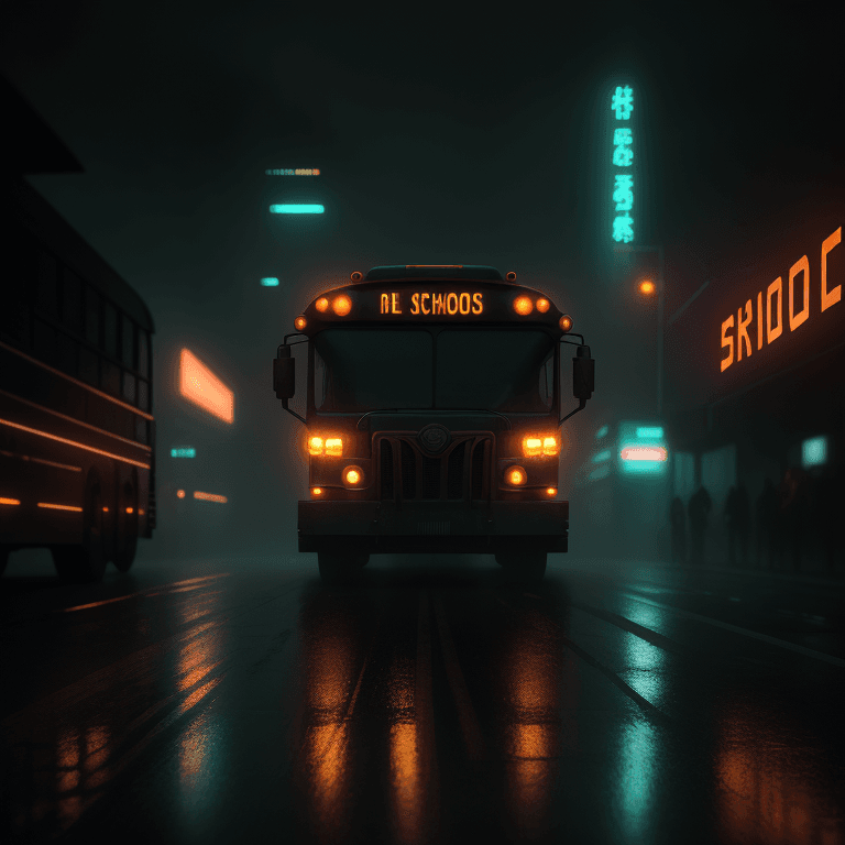 AI generated: in style of blade runner 2049 a photo cinematic grainy film still of a big school bus located in the...