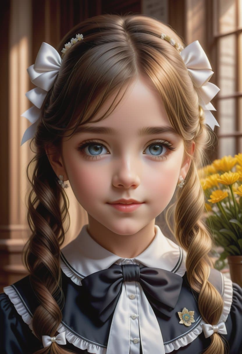 AI generated: hyper realistic to a (first grader schoolgirl:1.3), (flowers in hands, white bows in hair:1.2), (sch...