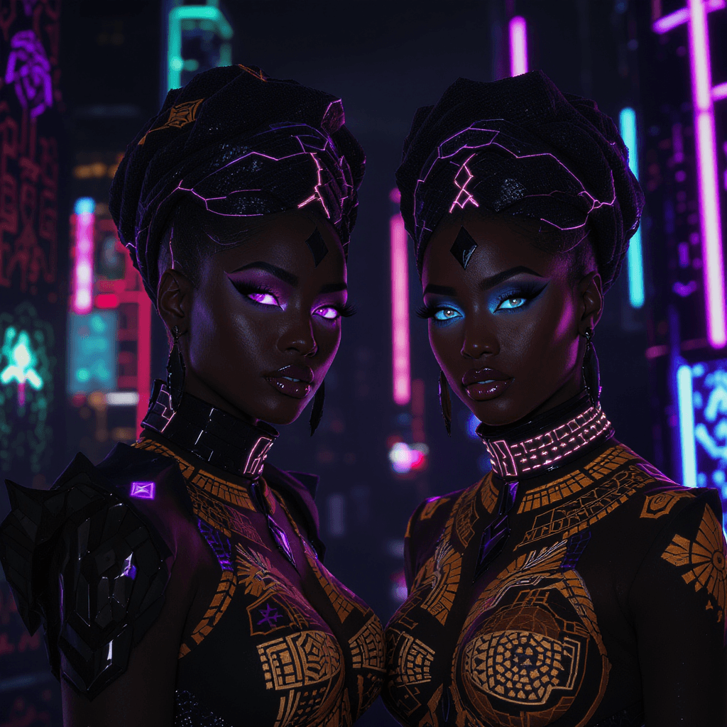 AI generated: 2 Twin Elite Afrofuturist warrior queens in a vibranium Adinkra jumpsuit with glowing obsidian-black...