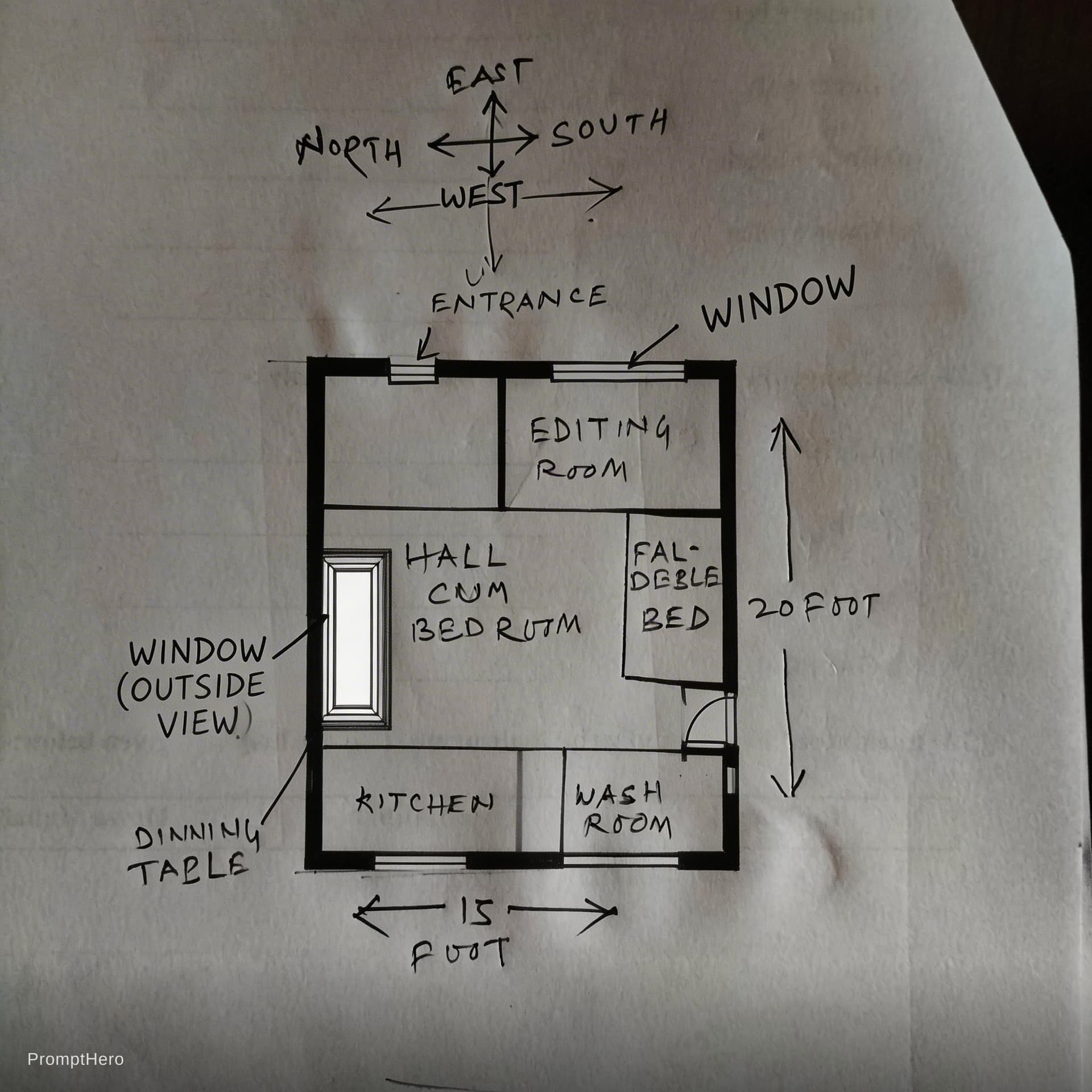 AI generated: Create a 2D architectural floor plan blueprint of a small farmhouse with total size 15 feet (East–We...