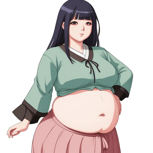 AI generated: Korean Anime-like girl with fat body, huge belly hanging out, fatter triple chin face