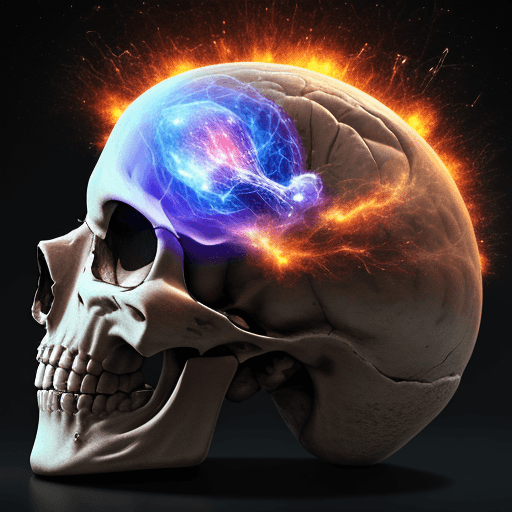 AI generated: human skull transparent, universe in the human brain, explosion ideas, high detailing, 8k