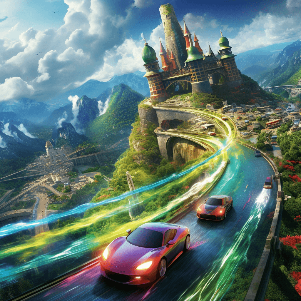AI generated: An epic and realistic depiction of a fantasy car race in a magical realm comes to life, inspired by ...