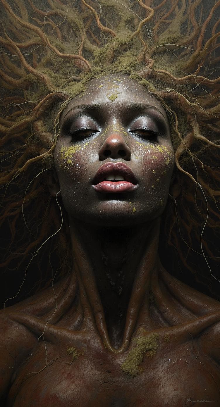 AI generated: Highly stylized, Tomasz Alen Kopera painting that blends human and natural elements, creating a powe...