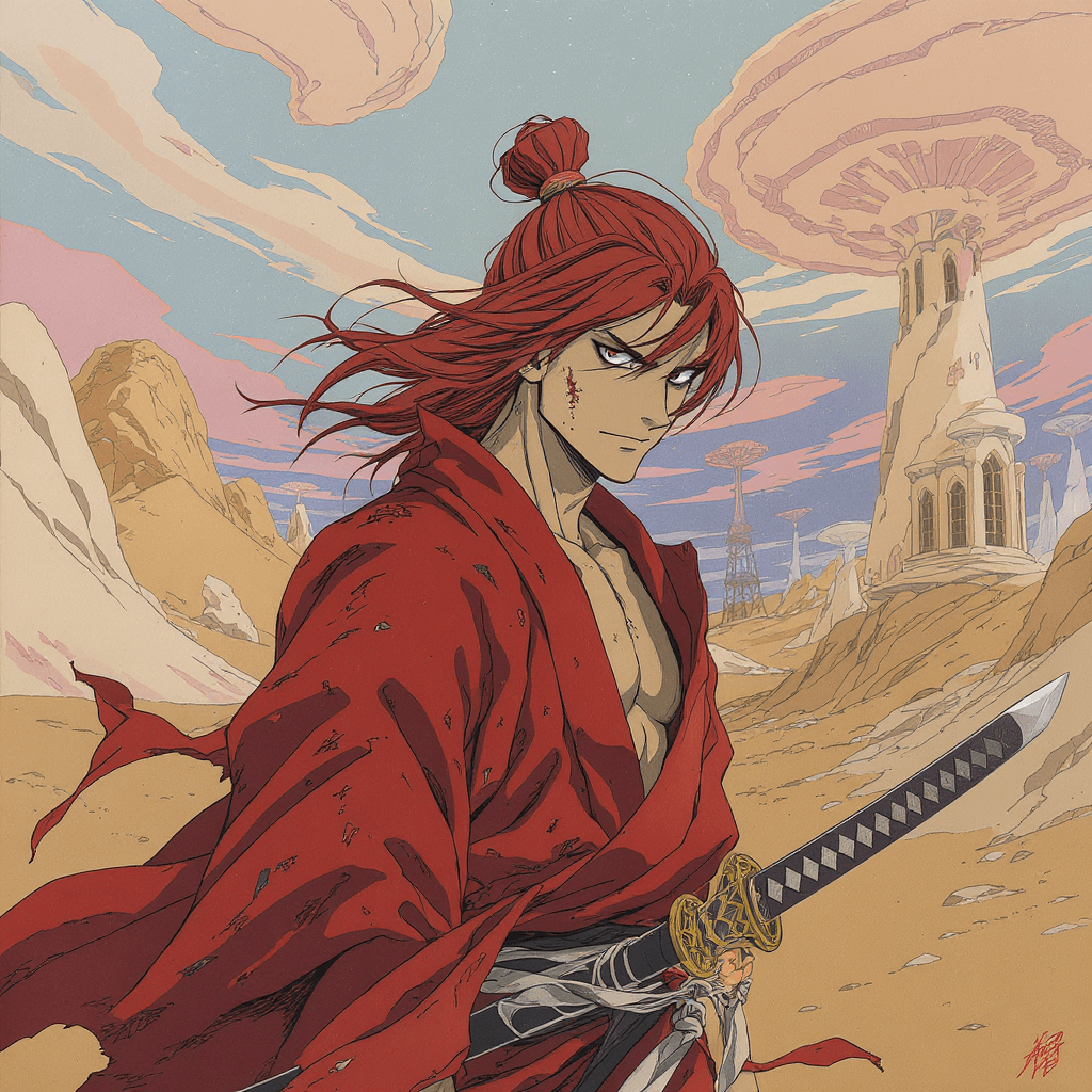 AI generated: A stylized portrait of a lone wandering samurai inspired by Kenshin Himura from Samurai X, wearing a...