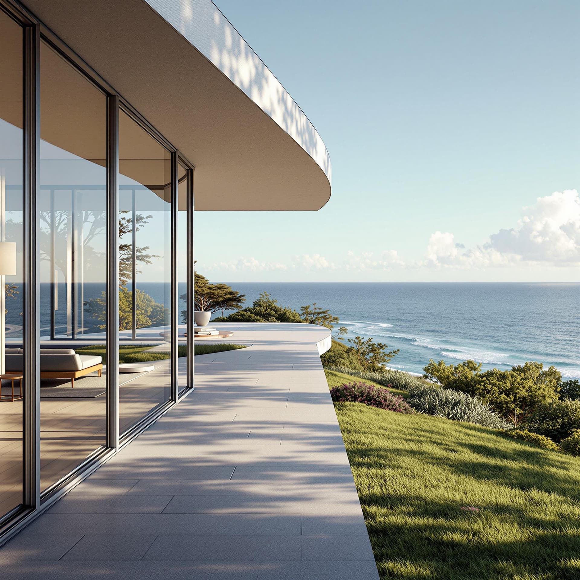 AI generated: Hyper realistic eye level exterior photo of a mid century modern style house overlooking the ocean, ...