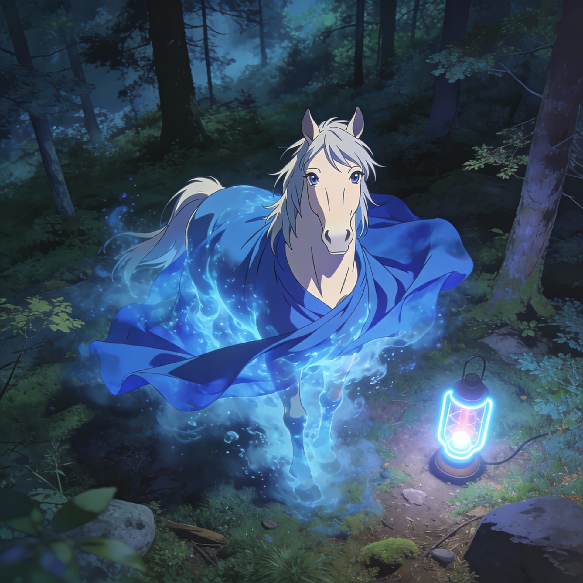 AI generated: Beautiful anime horse dissolving into vibrant blue fabric, surrounded by natural beauty, neon lamp, ...