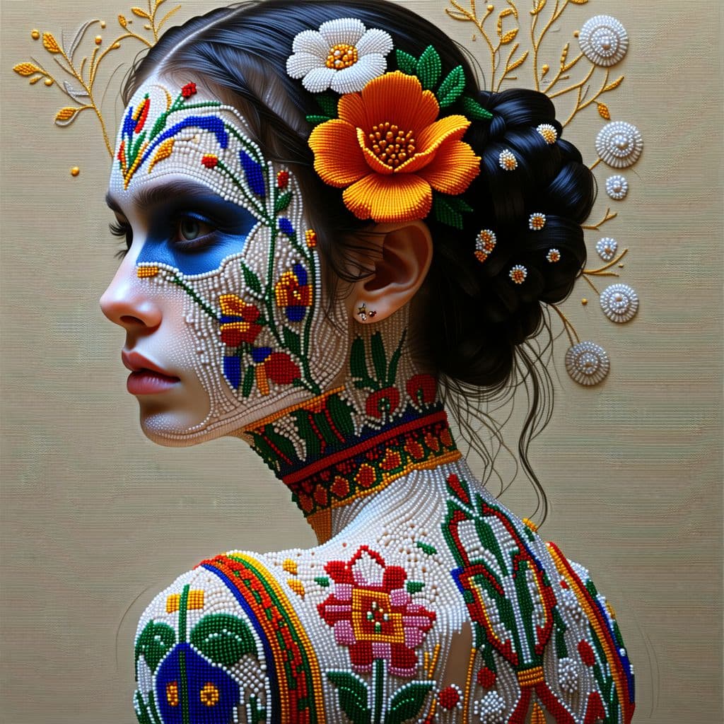 AI generated: the whole face and back are permeated with painful threads in the style of Ukrainian national embroi...