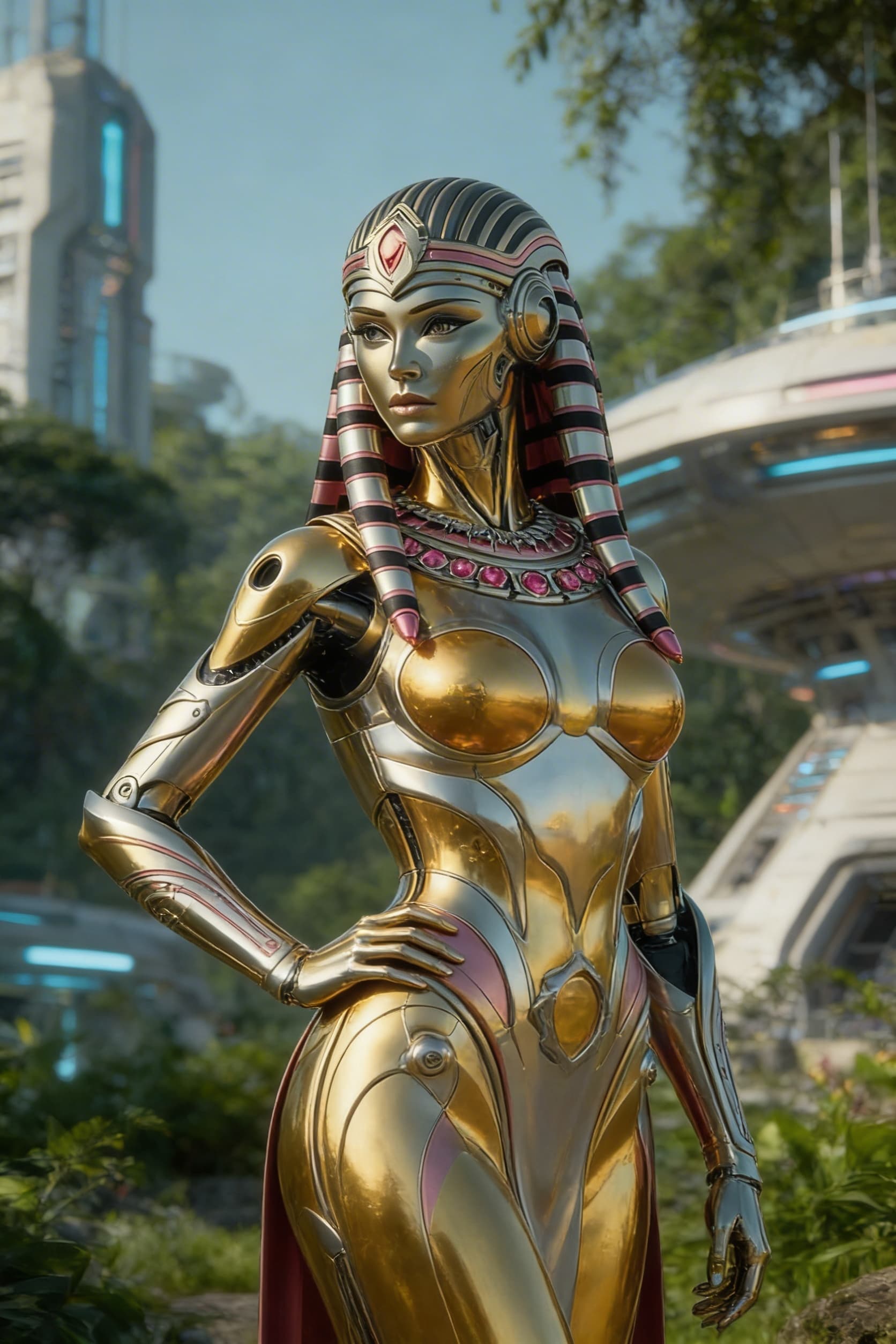 AI generated: Be inspired and create from reference. a golden-silver being, powerful, loving. From flesh to sleek ...