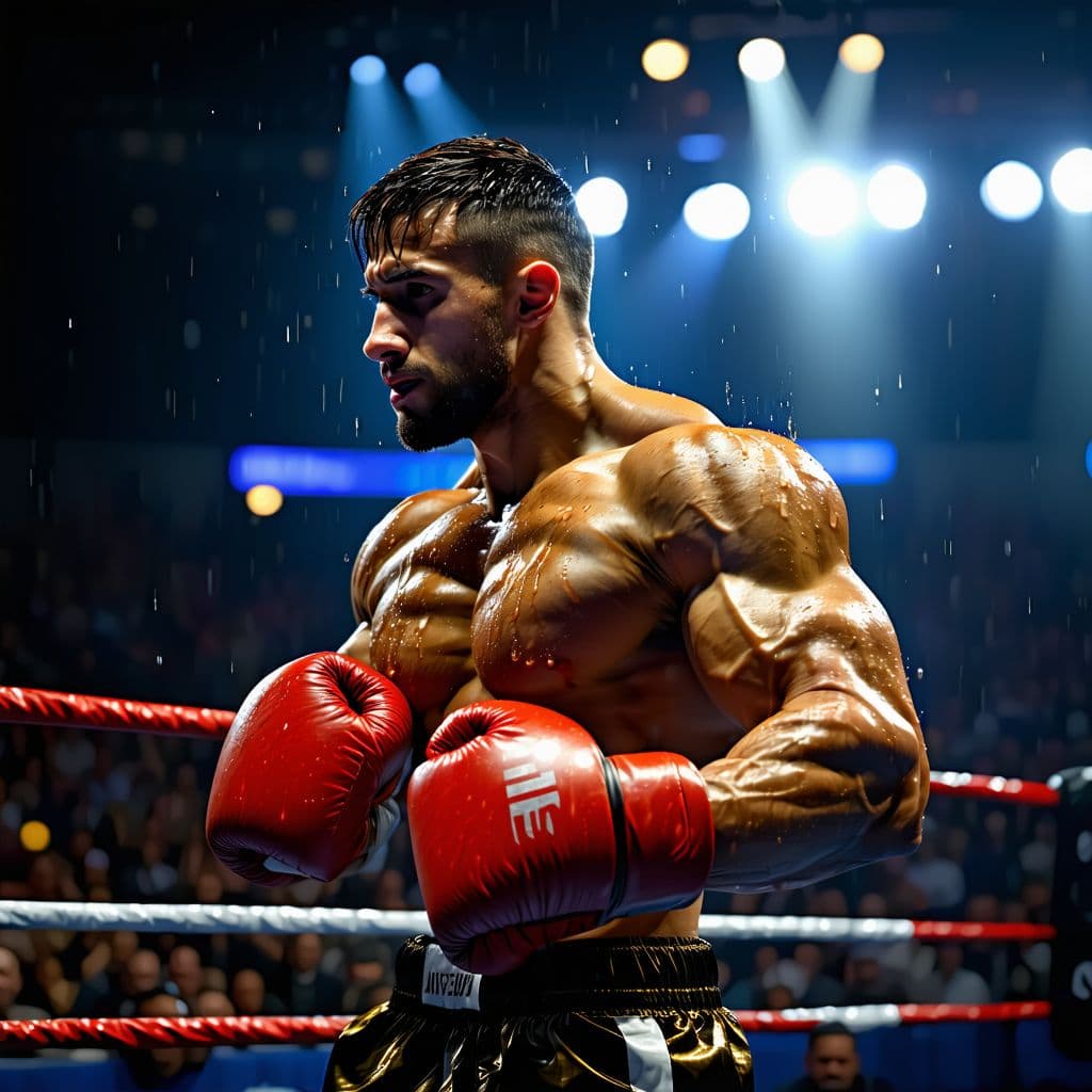 AI generated: A muscular boxer in the ring flexes his chiseled biceps, sweat glistening under intense spotlight. T...