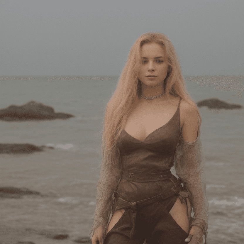 AI generated: a seductively beautiful alluring woman with long, wavy blonde hair, large bosom, standing in front o...