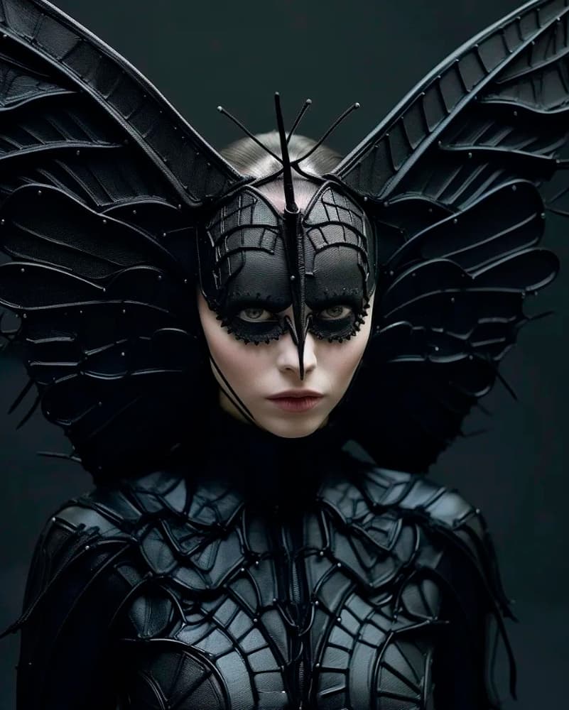 AI generated: serious female model, being with antennae, insect eyes, bat wings on the nape, dressed in black goth...