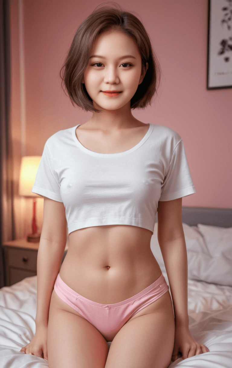AI generated: (full body:1.5), beautiful Korean girl kpop idol, white t-shirt and pink panties, bedroom, (small br...