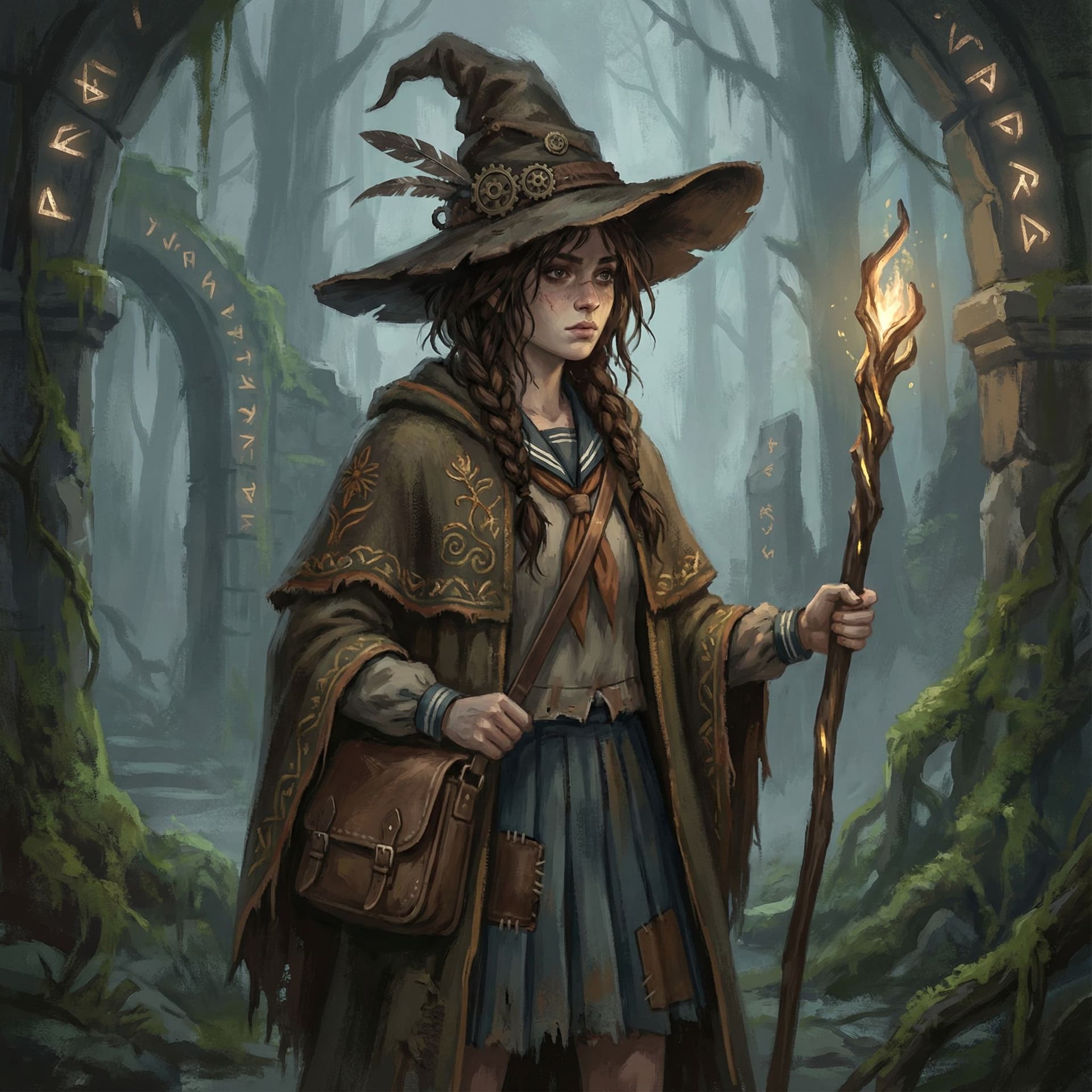 AI generated: rugged girl witch wearing a magic school uniform, large, wide-brimmed witch hat, cinematic, elaborat...