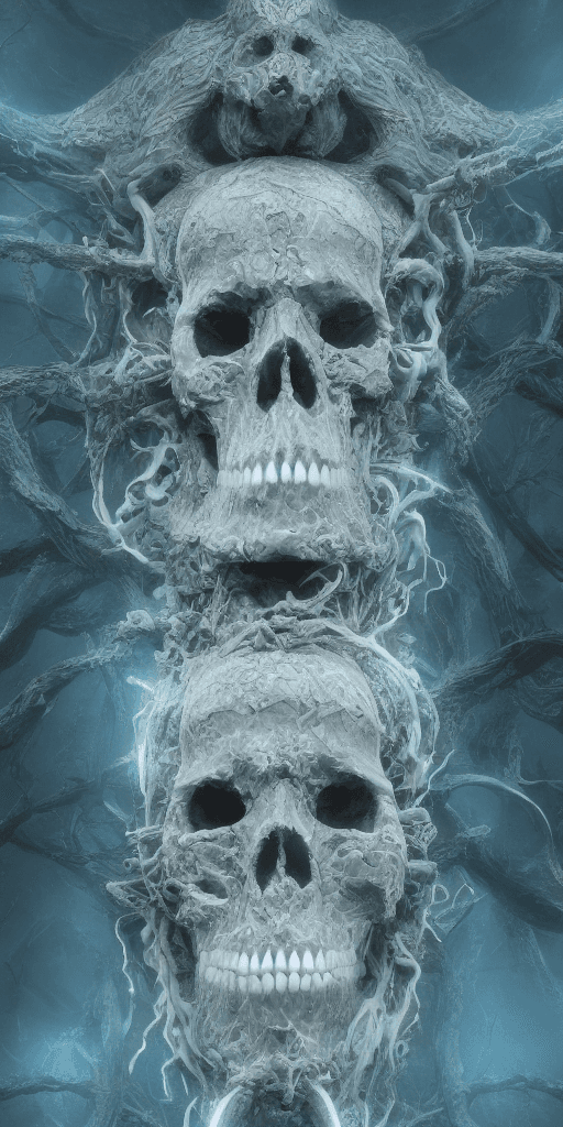 AI generated: skull, bioluminiscent, intricate artwork . octane render, trending on artstation, symmetrical artwor...