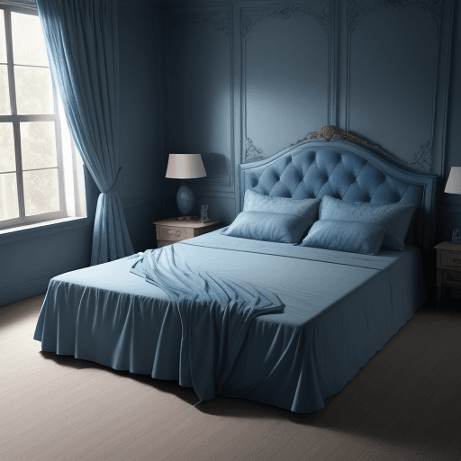 AI generated: a beautiful double bed with blue sheets, the bed is empty, (realistic, high resolution, ultra-detail...