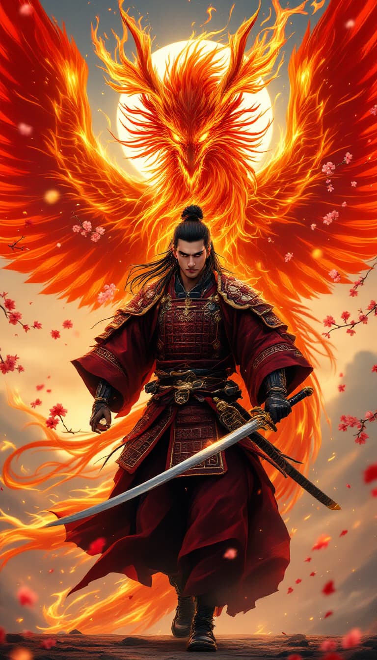 AI generated: An ultra-realistic, full-body portrait of a regal young Japanese samurai with long black flowing hai...