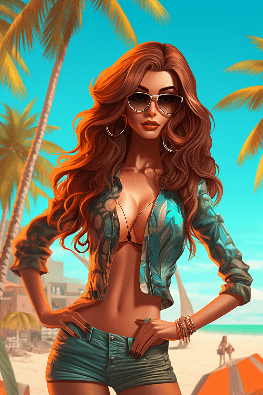 AI generated: A beautiful model on a tropical beach in a bikini, in the style of cartoon - like figures, hyper - r...