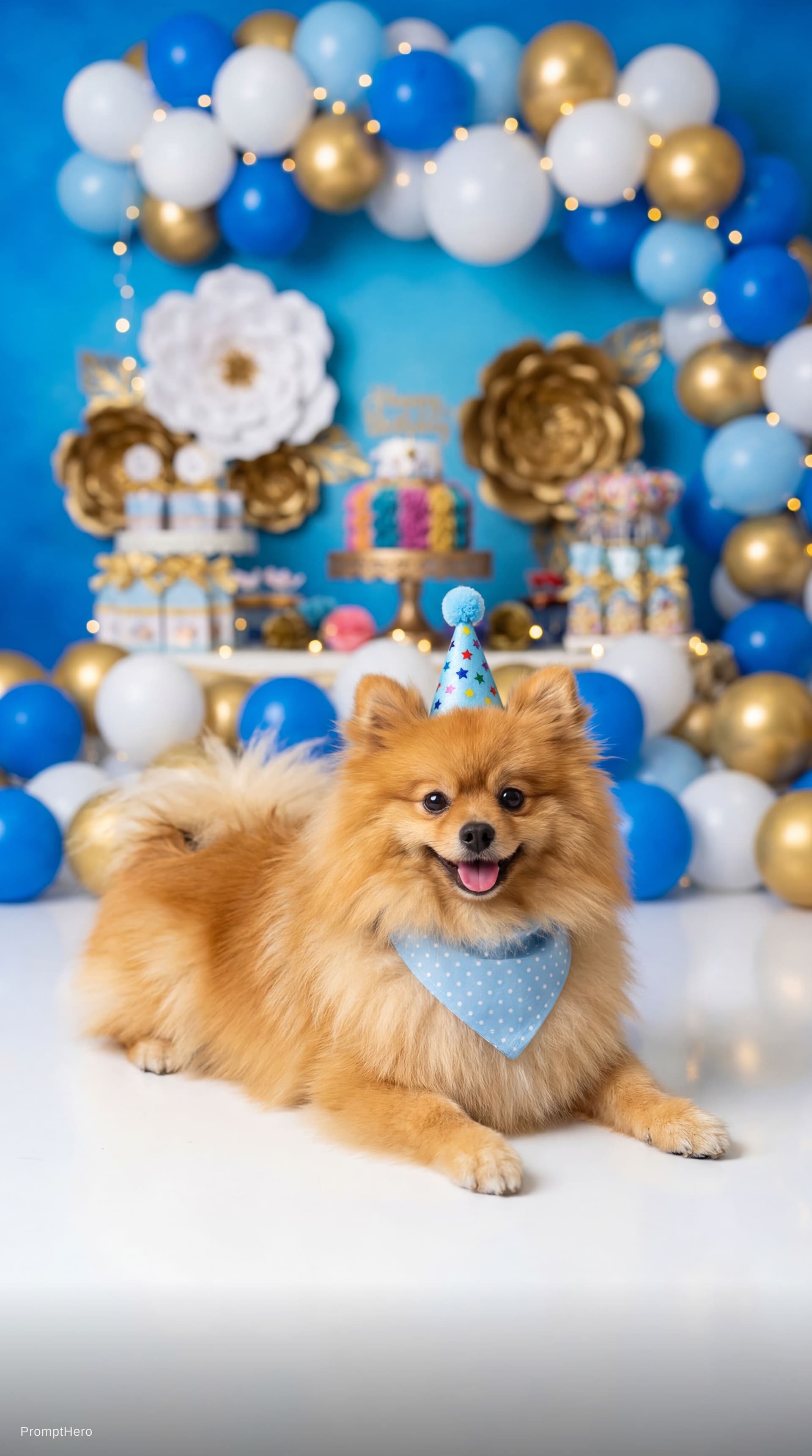 AI generated: Ultra realistic pet birthday photoshoot, studio celebration setup, colorful festive atmosphere, high...
