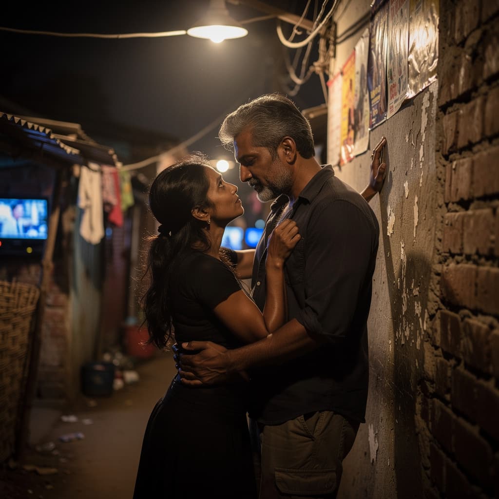 AI generated: night in Indian slum :-a romantic scene A 46 years old brown skin warrior man husband with her stron...