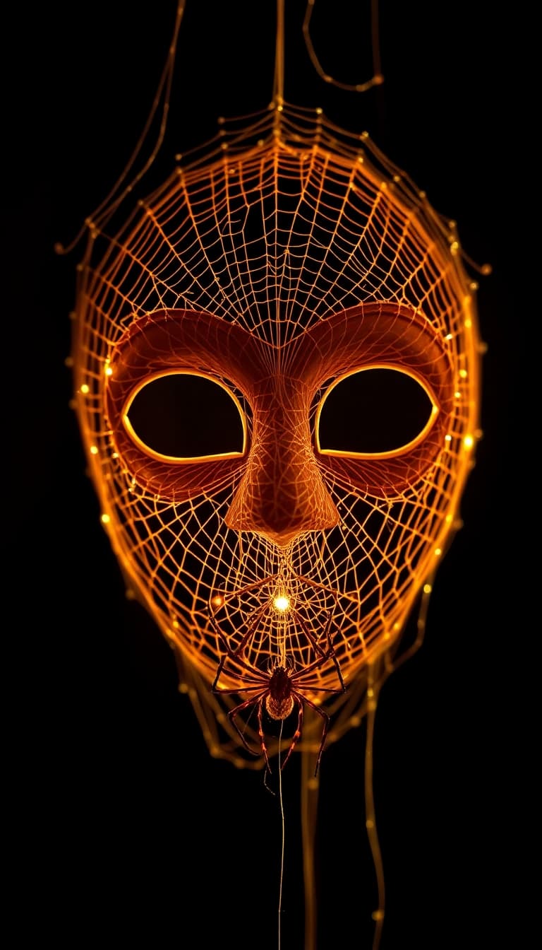 AI generated: “A highly detailed Venetian mask made entirely from real spiderweb strands, suspended in midair, glo...