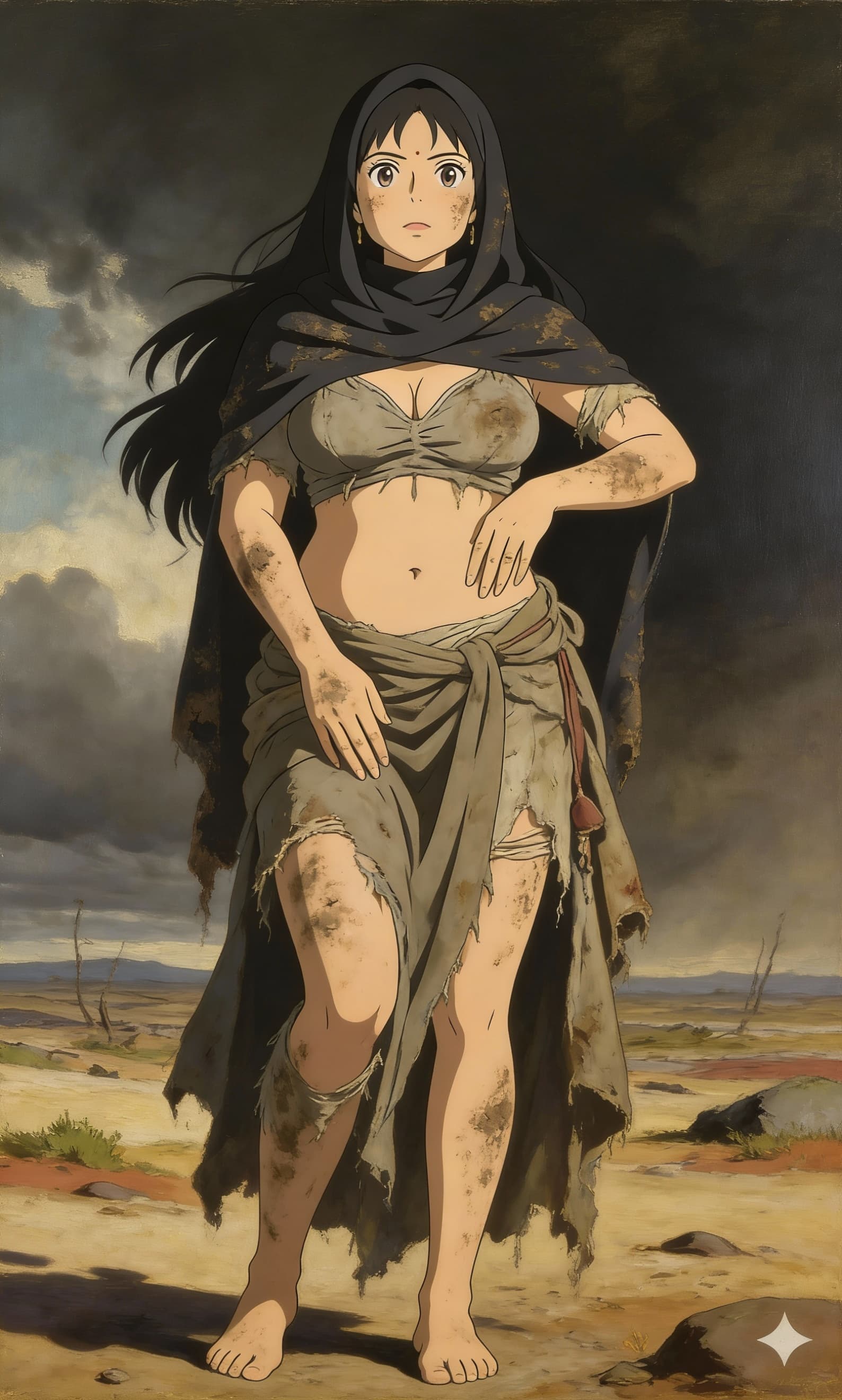 AI generated: Craft an Old Master painting
full body shot of A woman with raven black hair, covered in dirt, weari...