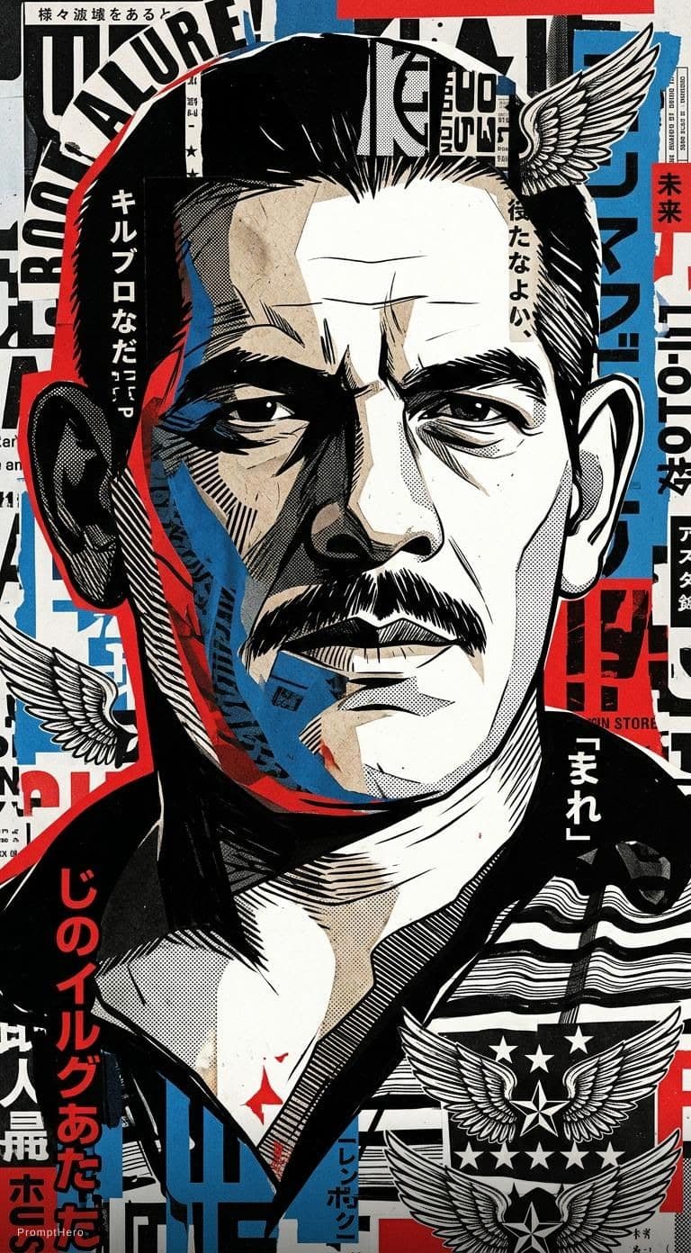 AI generated: movie poster,use the face of the guy in the image I uploaded into character in black, white red and ...