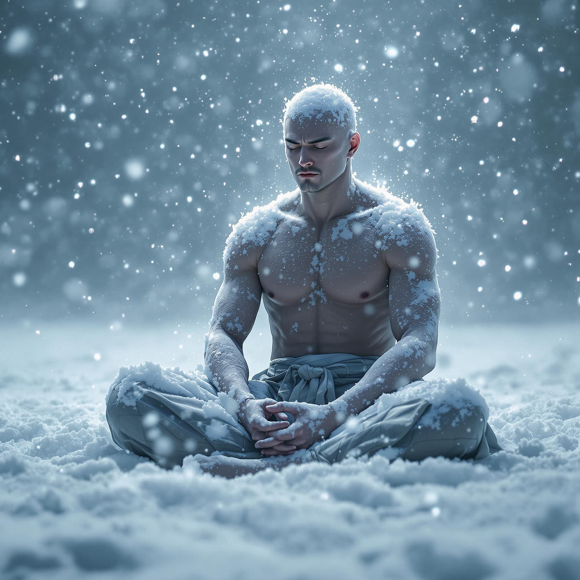 AI generated:  A hyper-realistic, cinematic image of a lone ninja sitting in deep meditation amidst a violent bliz...