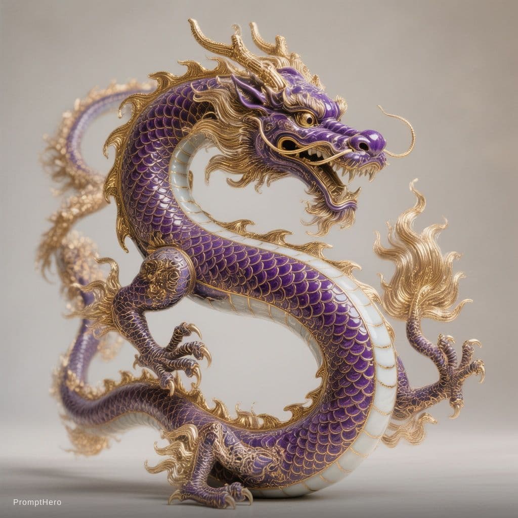 AI generated: Create a visually striking image featuring a violet porcelain dragon 
with intricate gold-line detai...