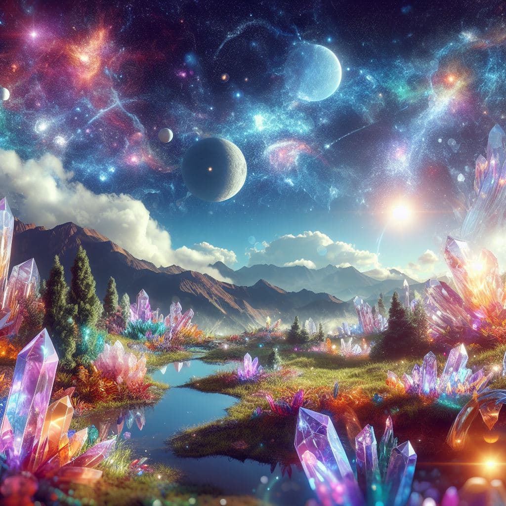 AI generated: a world made of crystals, of all colors, the landscape as well as the plants and animals are made of...