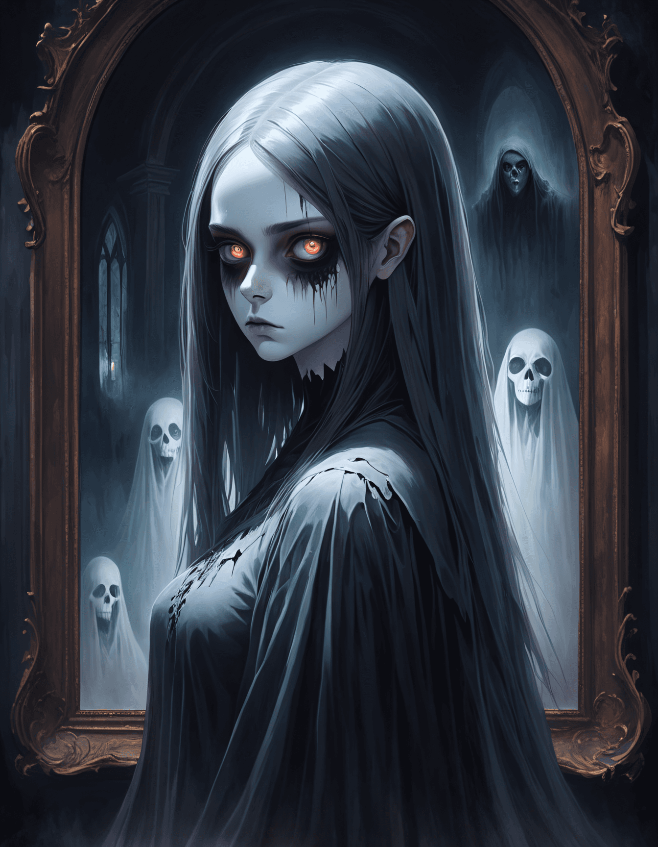 AI generated: Masterpiece, Best Quality, Haunted portrait painting , a teenage girl , Ghoulish subject staring bac...