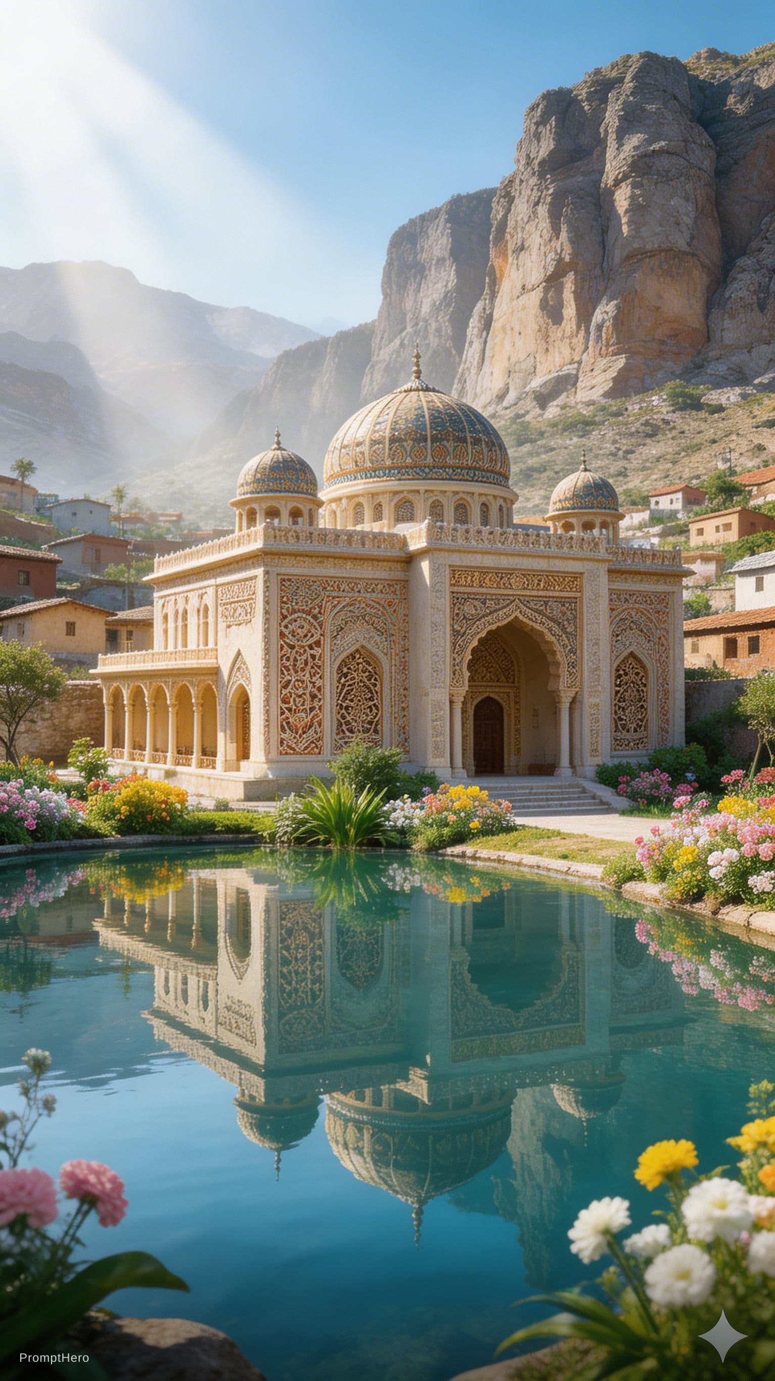 AI generated: a big Persian Villa surrounded by water and nature, village, close view, volumetric lighting, photor...