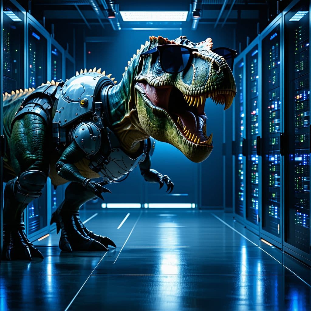 AI generated: Hyper realistic eye level photo of a tyrannosaurus rex with shades and dressed in armor in a server ...
