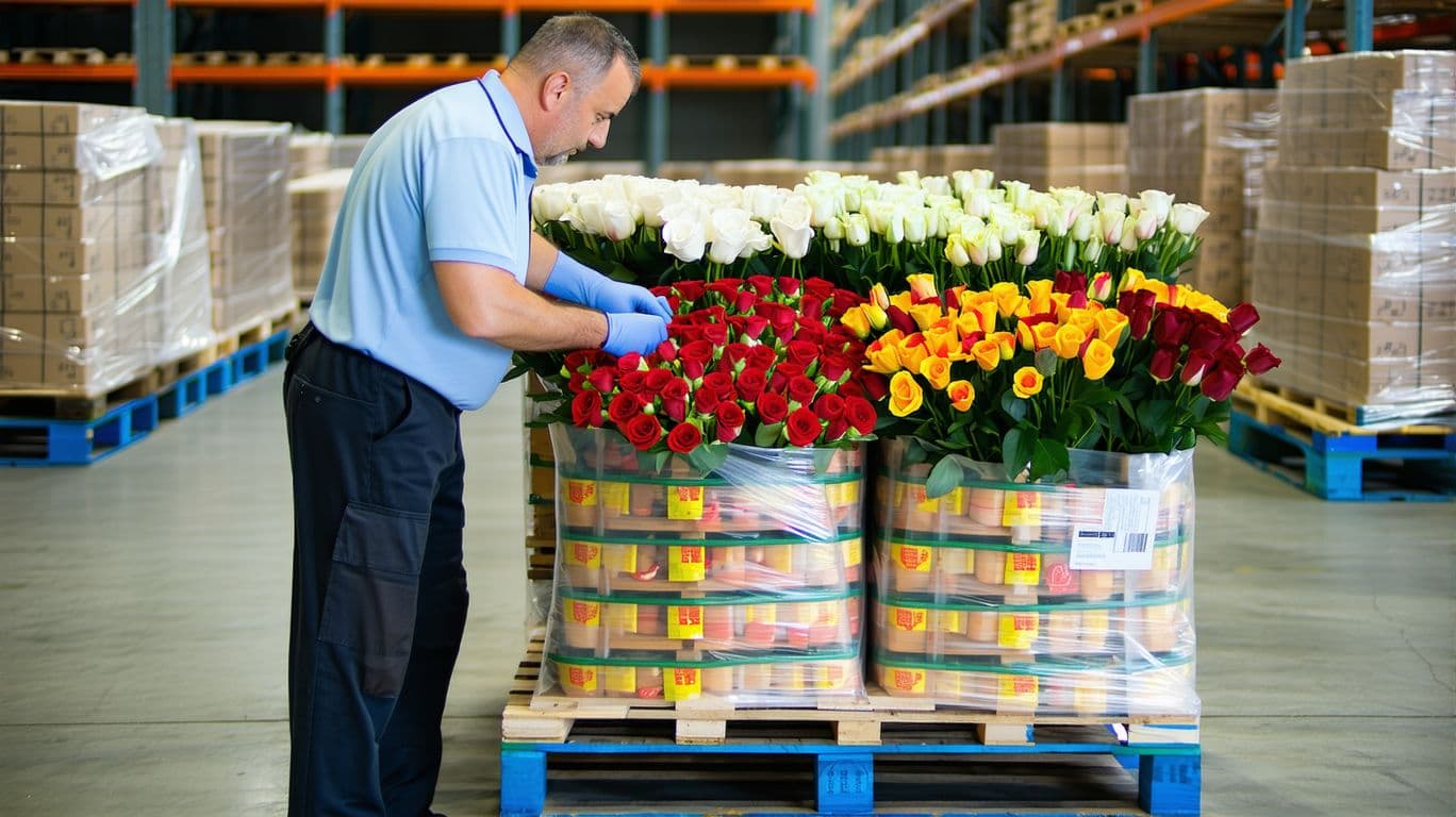 AI generated: high resolution photo of a man in a a warehouse inspect a pallet of flowers ready to be shipped. the...
