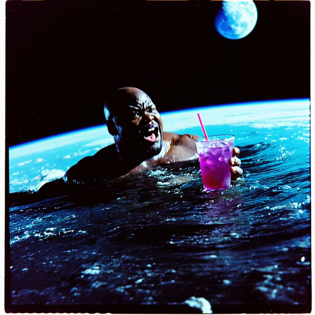 AI generated: grainy 80's photograph quality polaroid of big fat bald neurotic fearful black man floating into a b...