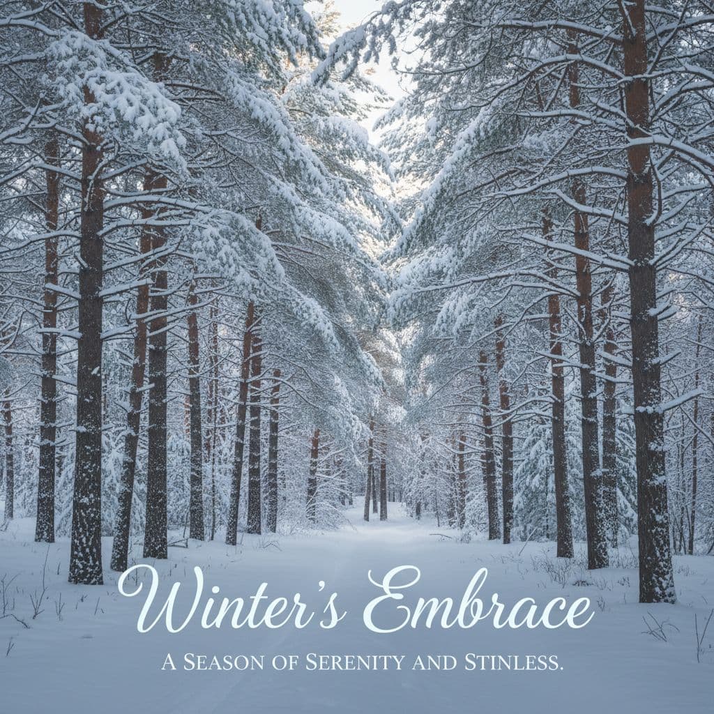 AI generated: Snow-covered pine forest background, headline in Great Vibes, subtext in Lora serif.
