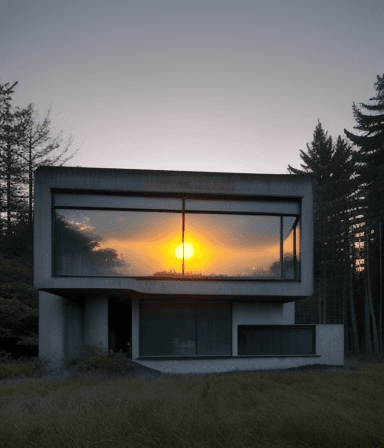 AI generated: A realistic photo of a house in brutalist style, where the walls are predominantly made of windows. ...