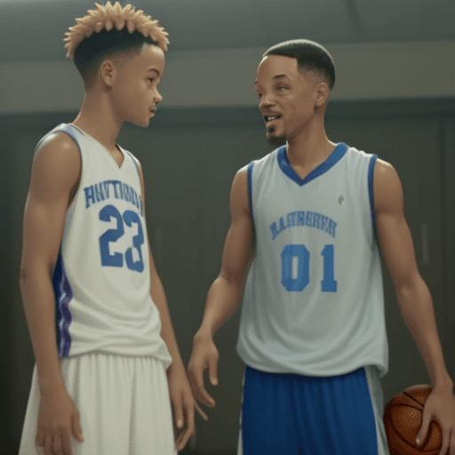AI generated: Jaden Smith is playing basketball and Will Smith is giving advice to him in the movie scene of 'The ...