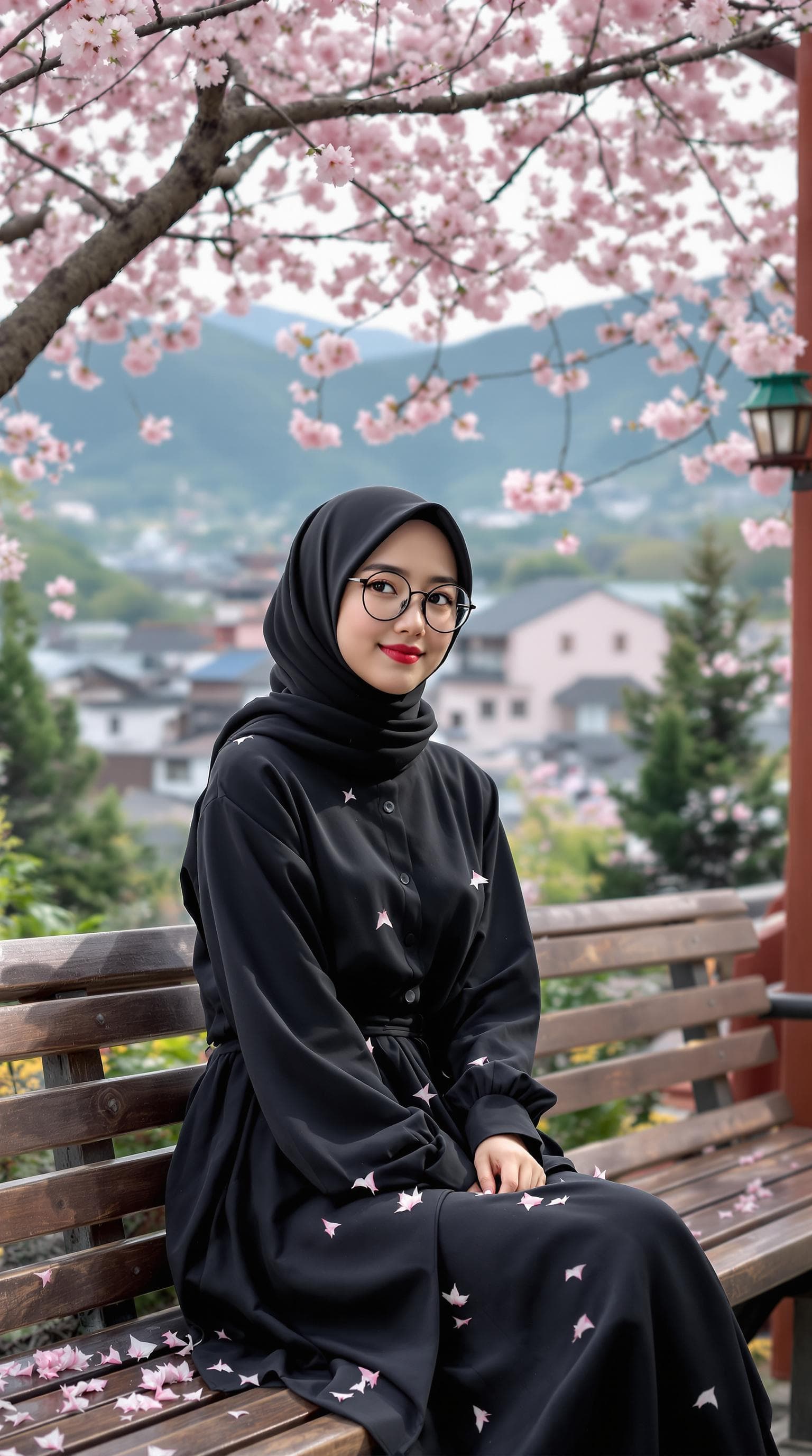 AI generated: beautiful girl, japanese girl, black hijab, round glasses, wearing a black shirt, long skirt, sittin...