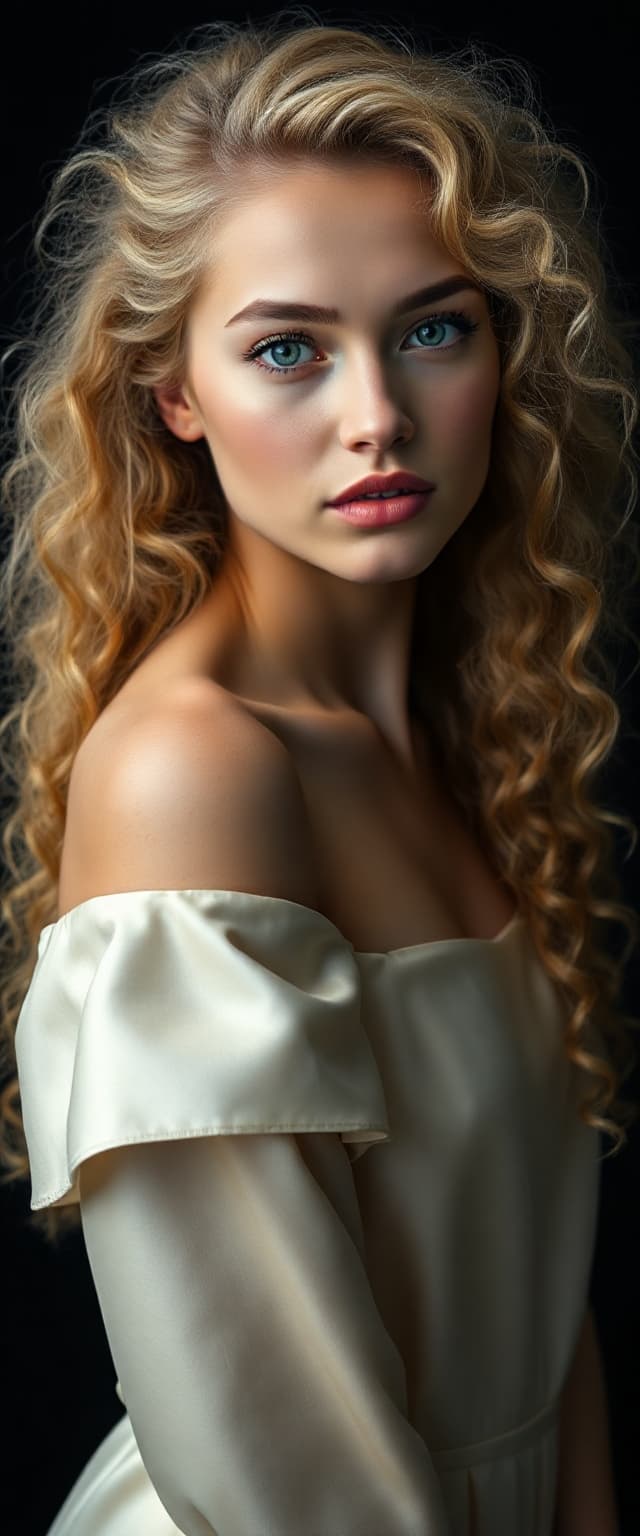 AI generated: "Fine art photography full body portrait. Supermodel, early 20s, fair skin, large blue-green-silver ...