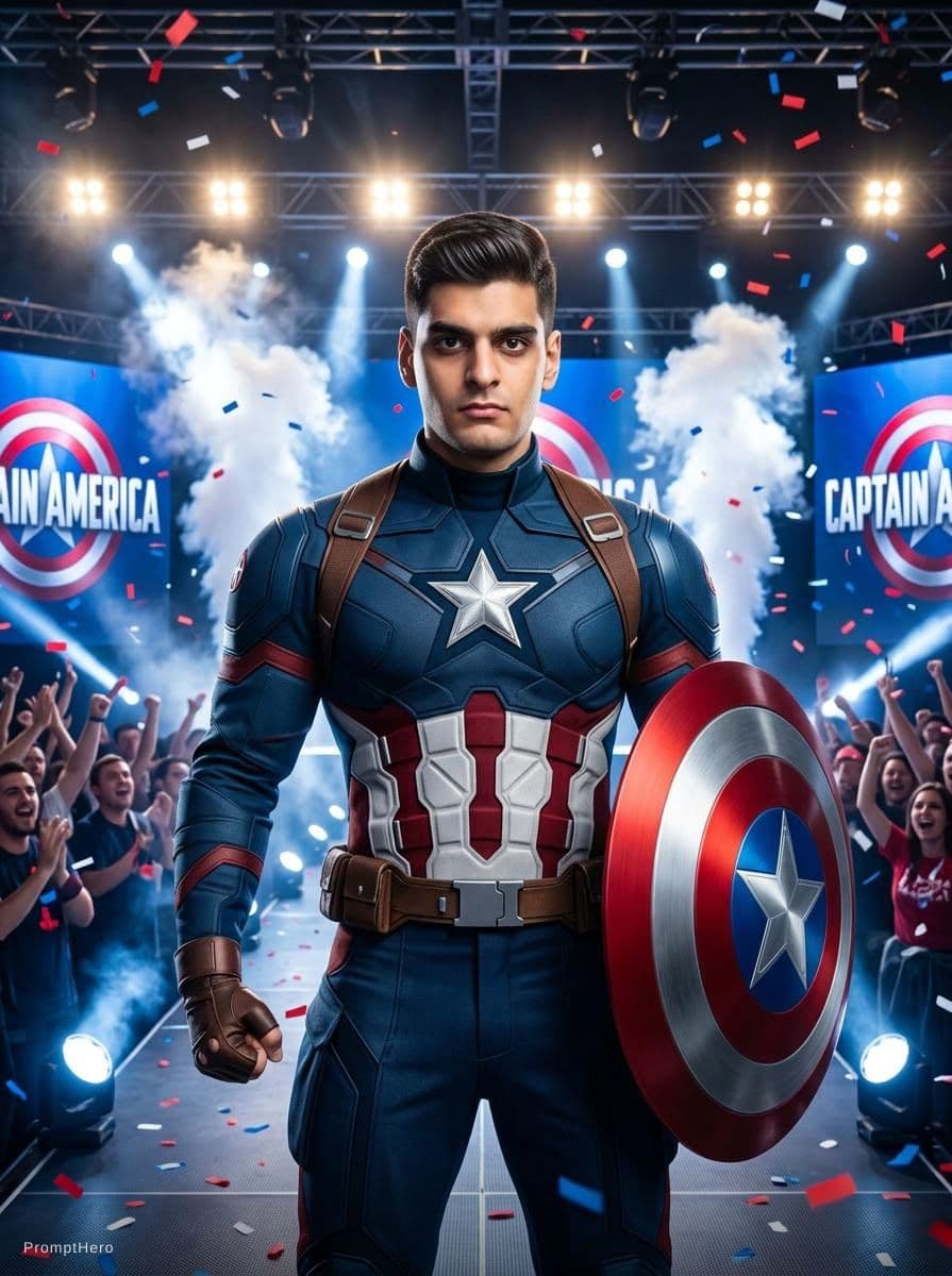 AI generated: captain america sizing up and posing for a show