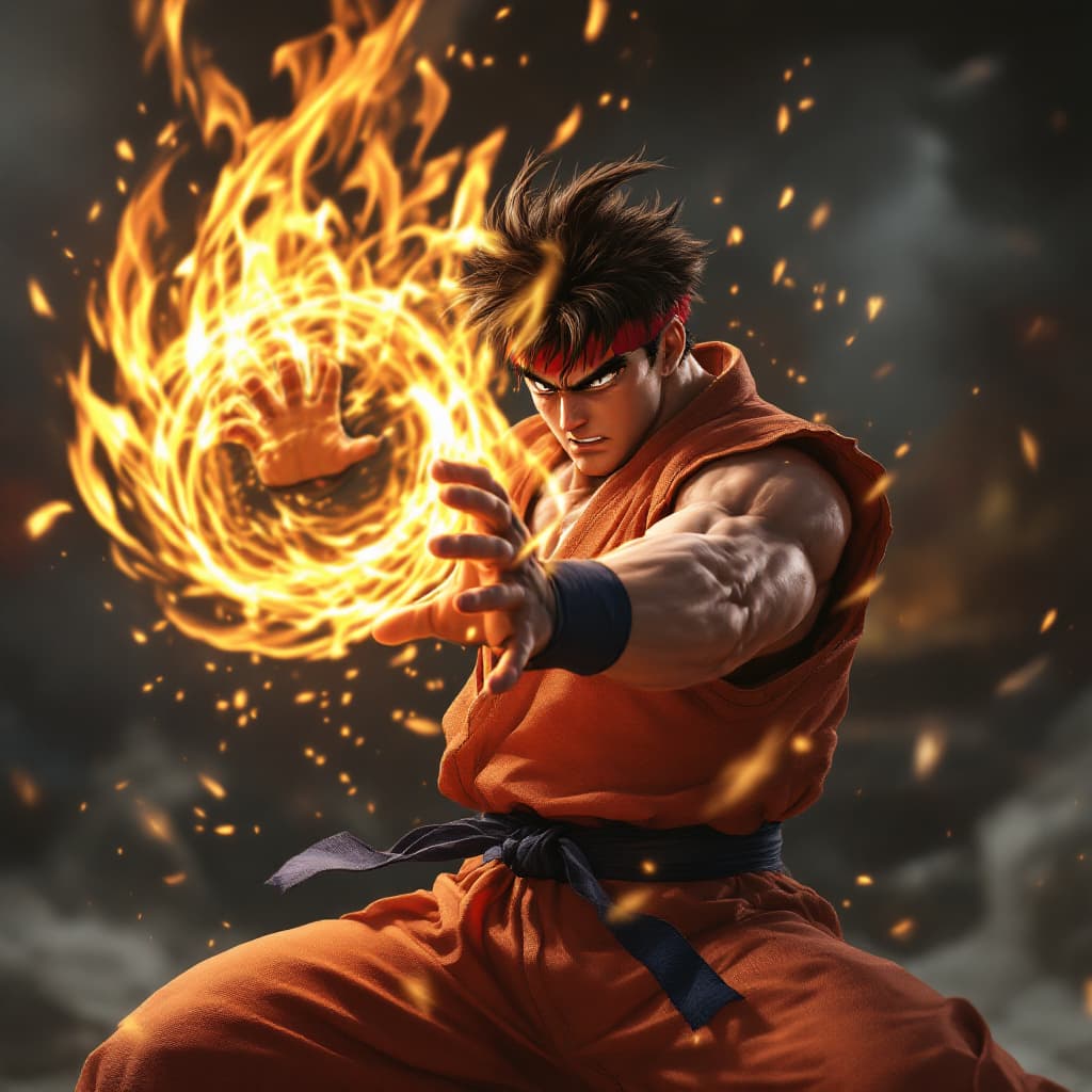 AI generated: high resolution 4k ryu street fighter forming an energy ball Hadouken he's about to throw, there sho...