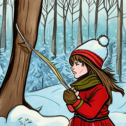 AI generated: girl hunting with bow in the winter wood, comic style, close up

