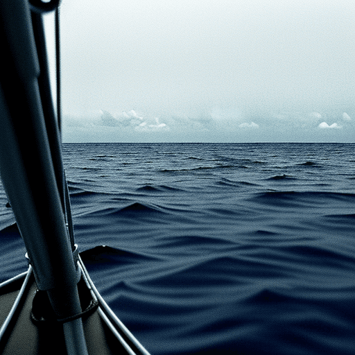 AI generated: view from the water surface, in an empty calm ocean, a distant horizon, and hazy sky (with no Sun). ...
