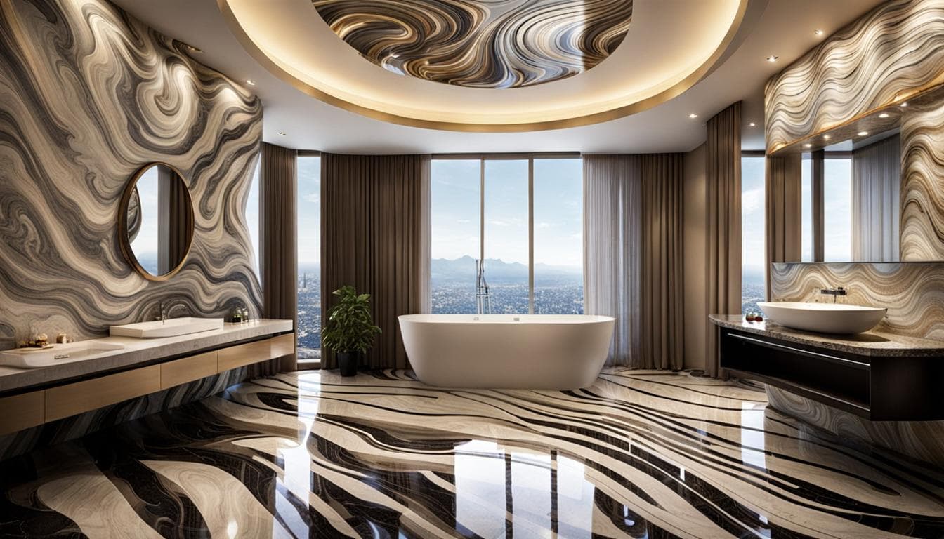 AI generated: an advertisement interior design of a room with marble flowing patterns intricately detailed inside ...