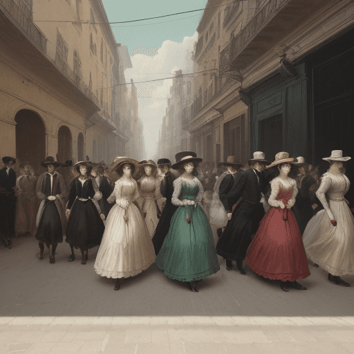 AI generated: an oil painting on canvas of a 1800s latin crowd walking in the same direction, colorful tones high ...