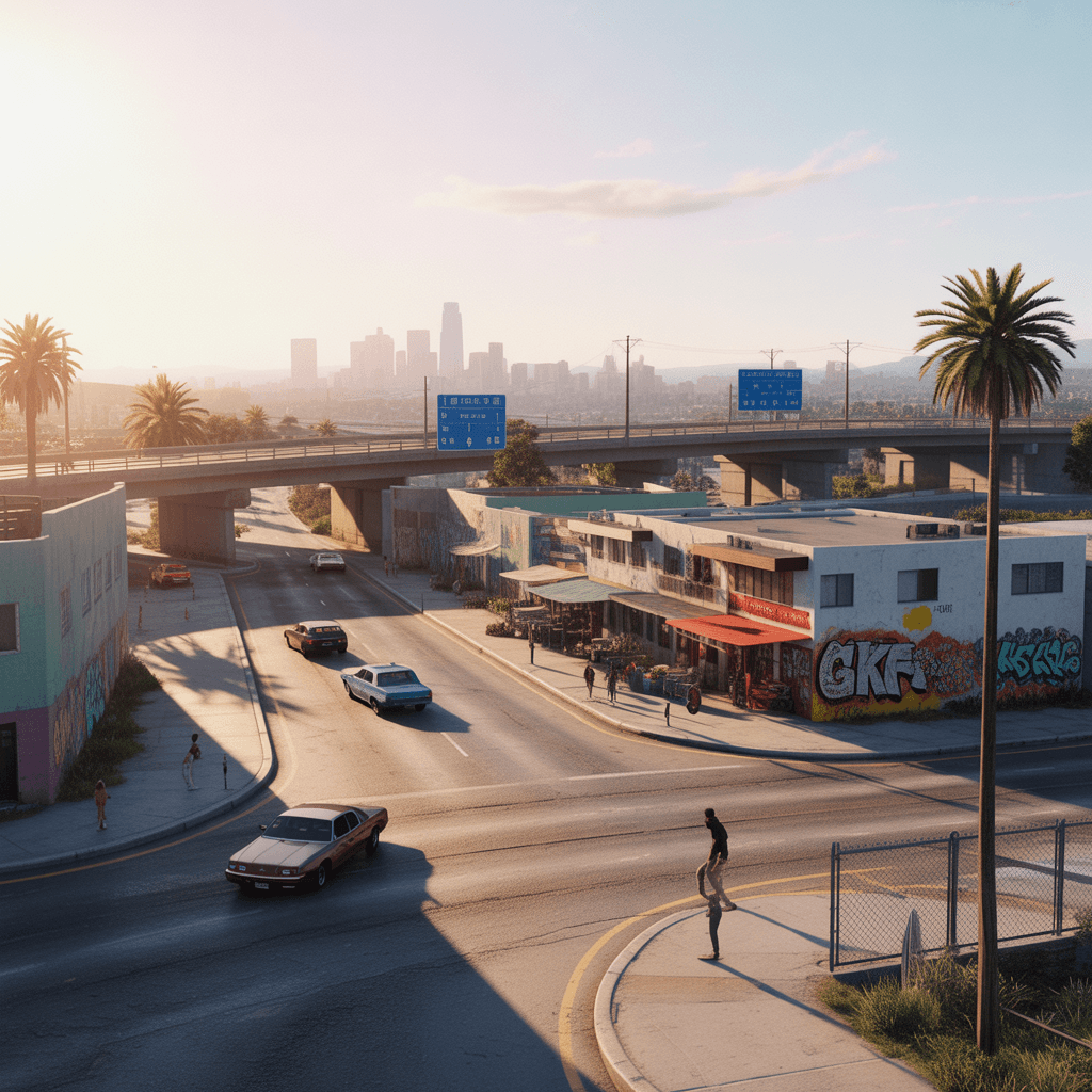 AI generated: A hyper-realistic 3D recreation of a neighborhood near the freeway in GTA: San Andreas. Urban Los An...