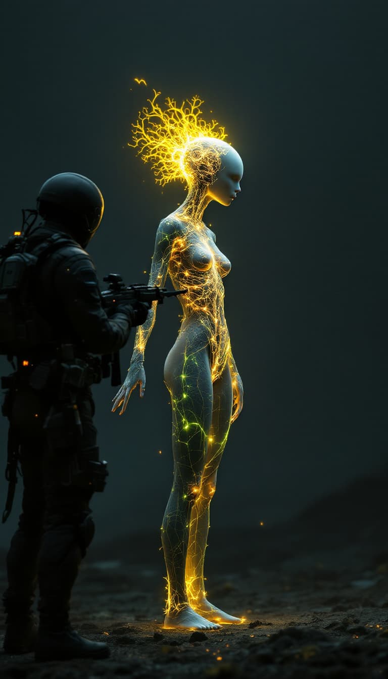 AI generated: Two tecnological soldier they point their rifles versus a strange female humanoid figure with extend...
